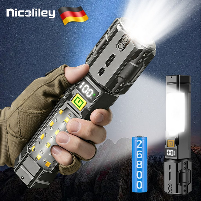 nicoliley 초강력 led 손전등 휴대용 캠핑 랜턴 충전식 후레쉬 고휘도, 블랙, 1개