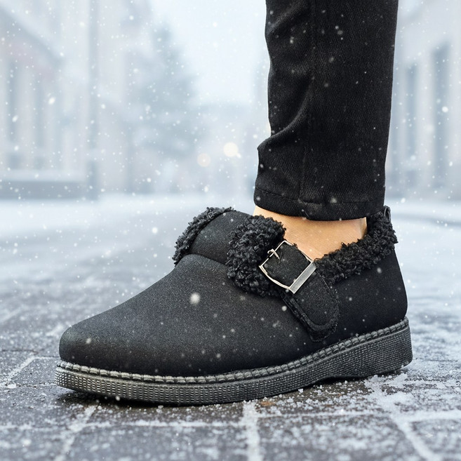 슬레진저 여성 겨울 털 단화 벨크로 스트랩 발편한 쿠션 경량 방한화 털신발 기모 찍찍이 모카신 퍼 슬립온