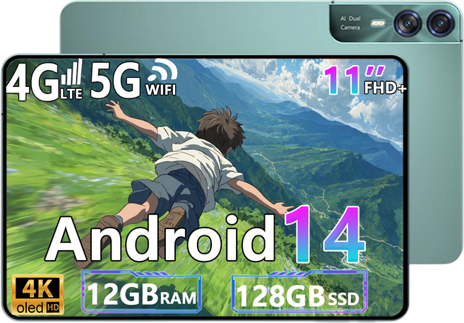 태블릿PC 11인치 안드로이드14 12GB+128GB 확장지원 4K OLED 대화면 12000mAh 배터리 WiFi+셀룰러 인강용 영상용 가성비 태블릿, Wi-Fi + 셀룰러, 128GB, Green