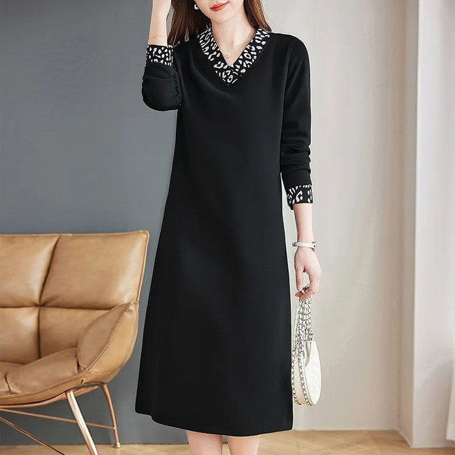 AOKADA 여성용 레오파드 배색 V넥 롱 원피스 봄 가을 하객룩 비즈니스 캐주얼 드레스