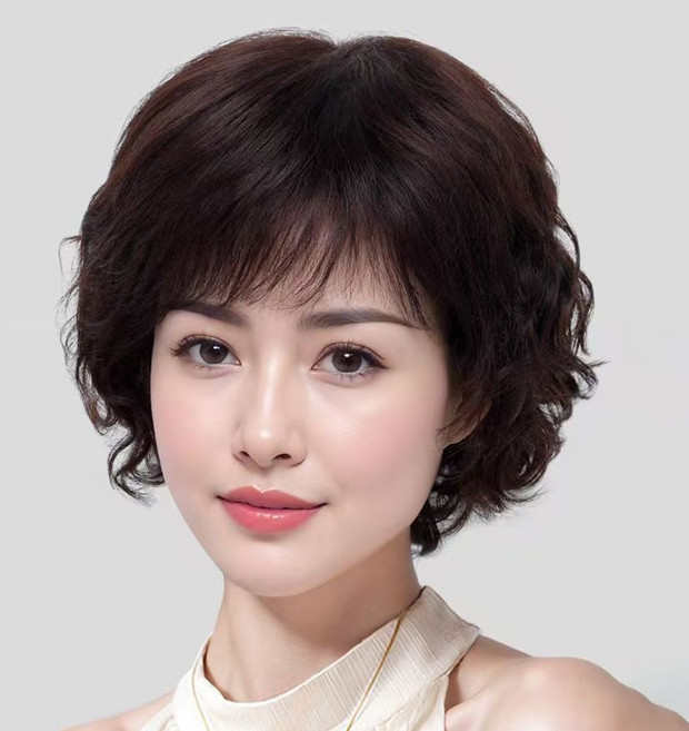 수제 웨이브 여성 전체가발 인모100 파마 통가발, 내추럴블랙, 1개