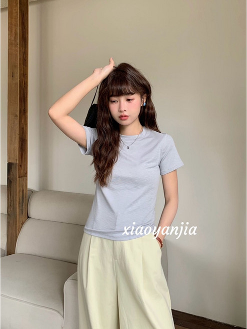 TINY太妮絲 韓系竹節棉短袖上衣 圓領素T