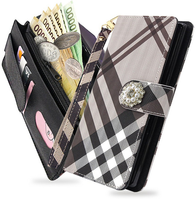 내부지퍼형 버킨체크 다이아 장식 지갑형 수첩형 다이어리 휴대폰 케이스 + 손목줄 스트랩