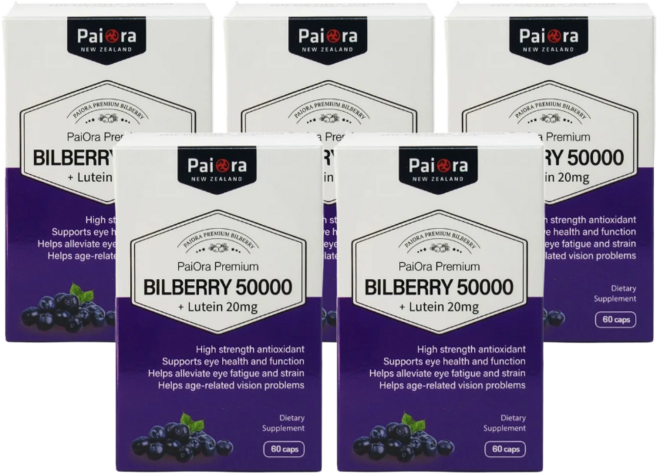뉴질랜드 파이오라 빌베리 50000mg 루테인 20mg 300캡슐, 60정, 5개