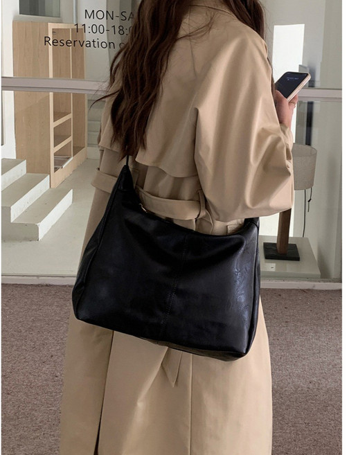 MDMS 美拉德復古斜背包 韓版托特包 休閒百搭 通勤 大容量肩背包 多功能簡約皮革包, 黑色