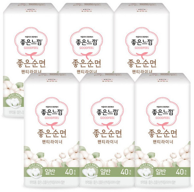 좋은느낌 좋은순면 라이너 일반 40매 6팩 팬티라이너 생리대 여성용품, 40매입, 6박스
