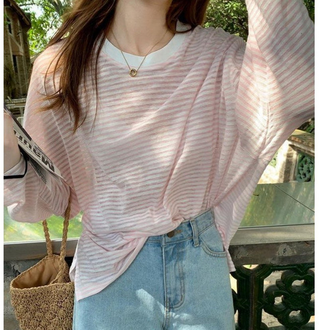 모몰라티 여성 스트라이프 UV차단 냉감 아이스 쿨 시스루 루즈핏 긴팔 티셔츠