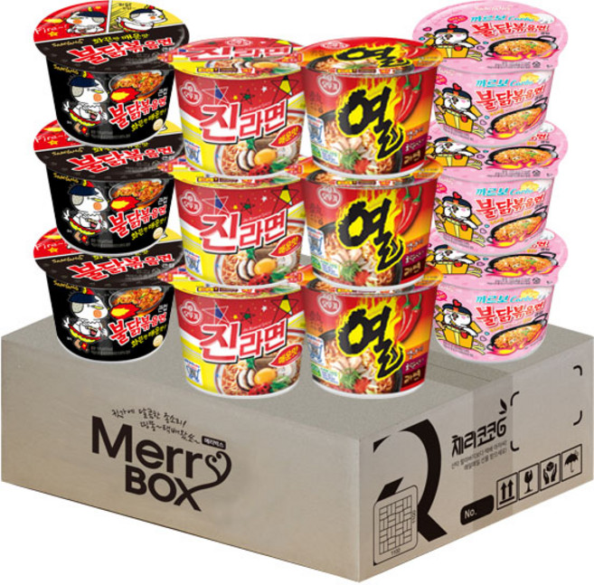 큰컵라면세트 4종(진라면 매운맛3+열라면3+불닭볶음면3+까르보불닭면3), 1세트