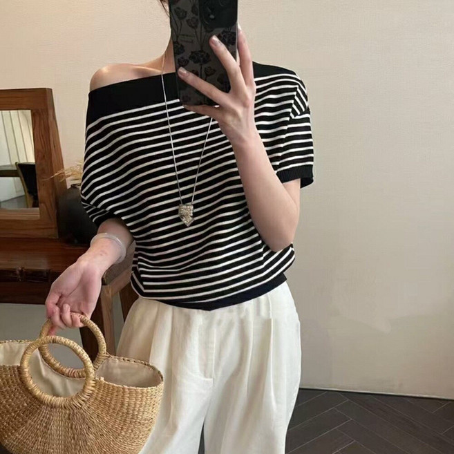 여름 루즈핏 데일리 니트 반팔티 베이직 스트라이프 오프숄더 반팔 티셔츠