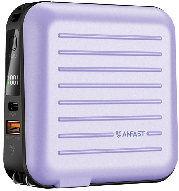 ANFAST 15000mAh多合一行動電源 牆插直充 自帶雙線 隱藏支架 PD20W快充 55Wh可登機 適用iPhone 16 MacBook 三星 附收納包 正版台灣公司貨, 紫假期+送原廠收納包