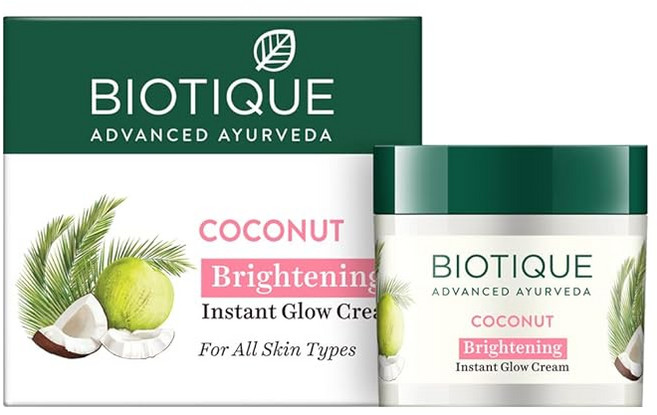 Biotique Coconut Brightening Instant Glow Cream| Lightweight and Non-Greasy | Reduces Dark Spots, 5개, 50g