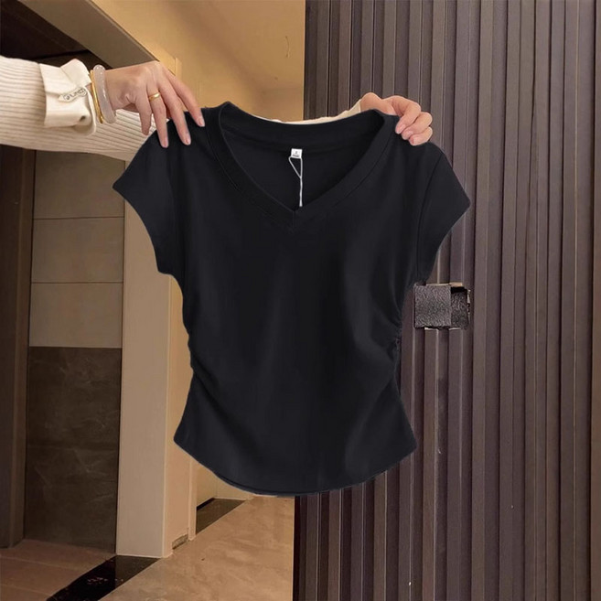AOKADA 여성 슬림 브이넥 무지 세미 크롭티 이너티 여자 셔령 반팔티 기본핏