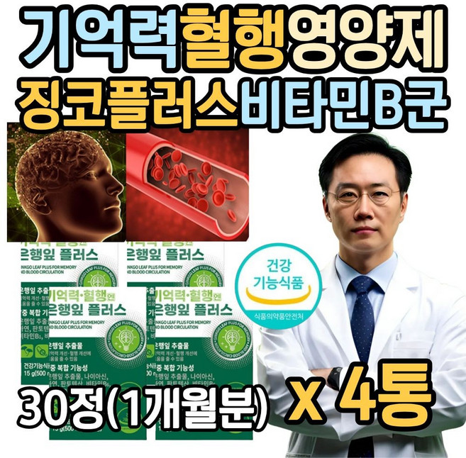 식약처인증 기억력 혈행개선 은행잎 플라보놀배당체 티아민 비타민b6 판토텐산 영양제 시니어 남자 여성 추천 혈행 은행잎추출물 징코 빌로바 뉴일리, 2개, 30g