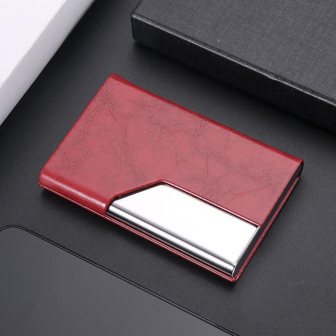 商務名片夾 皮麵男士名片盒 女隨身便攜卡包 金屬大容量名片收納盒, 1個, 複古變色皮紋-紅色,一個起免費刻字