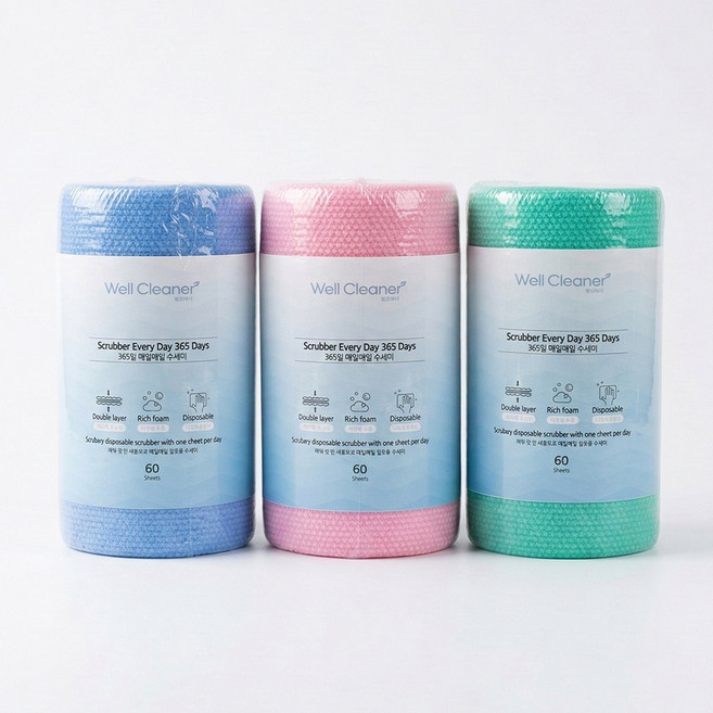 분홍나무 1회용 데일리 매일매일 뜯어쓰는 수세미 60매(x3팩) 총360매 주방 욕실청소 일회용 하루한장 설거지 추천, 6세트, 60개, 3개입 2세트(분홍+연두+파랑)