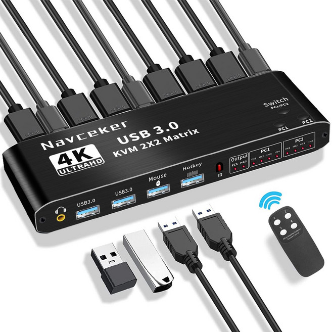 Navceker 4K 60Hz 2x2 2:2 HDMI USB 3.0 KVM 매트릭스 스위치, ZY-AK3-1, 1개