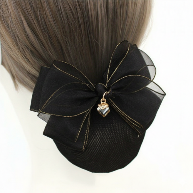 블랙 크리스탈 리본 헤어망 집게핀 머리망 헤어장식