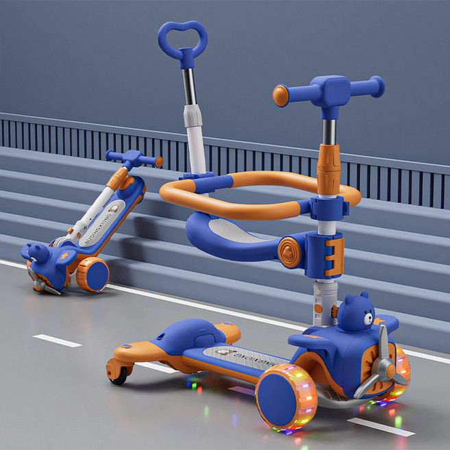 DIU 滑板車兒童1一3一6一12歲男孩女童小孩寶寶踏板滑滑車溜溜三合一, 1個, 寶石藍橙【圍欄款】