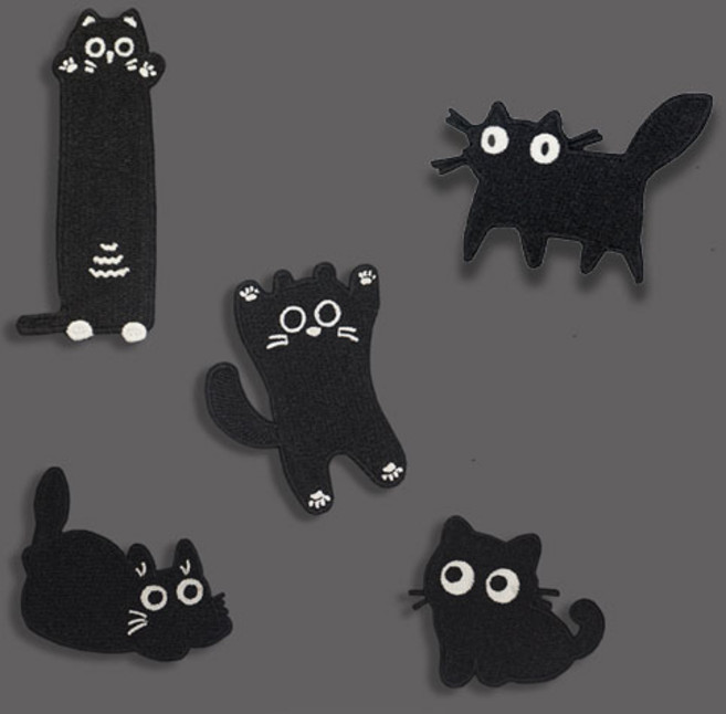 열접착식 검은 고양이 스티커 동물 자수 의류 리폼 패치 와펜 5종 세트 E156, 1세트
