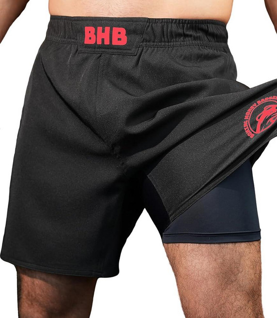 Boxing Honey Badger 2-in-1 BJJ MMA 파이트 쇼츠 내장 압박 안감: 그래플링 브라질 주짓수 노기 반바지 레드 424576