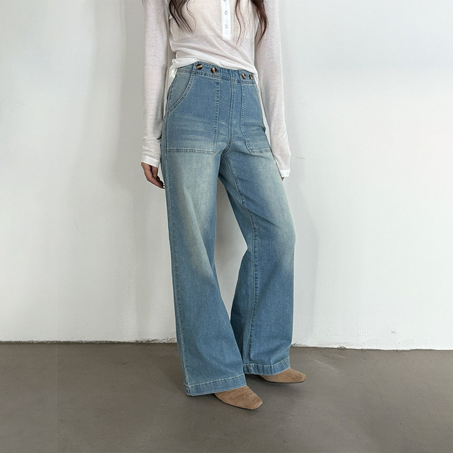 에미올 슬림핏 스판 하이웨스트 일자 레그 일자 밴딩허리 데님팬츠 EPJN009