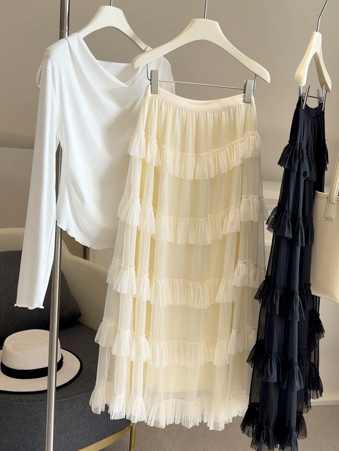 【顯瘦蓬蓬】半身裙 蛋糕裙 網紗裙 仙女裙 高腰A字裙 春季新款 黑色中長款 多層網紗 百搭顯瘦 約會度假必備