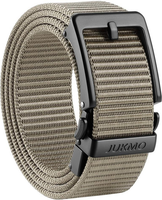 JUKMO 남성용 3.8cm(1.5인치) 래칫 벨트 - 구멍 없는 조절 가능한 핀 룩 버클 청바지 및 치노용 | 트림 투 핏 나일론 웨빙 카키 미디엄-허리 36-42인치용
