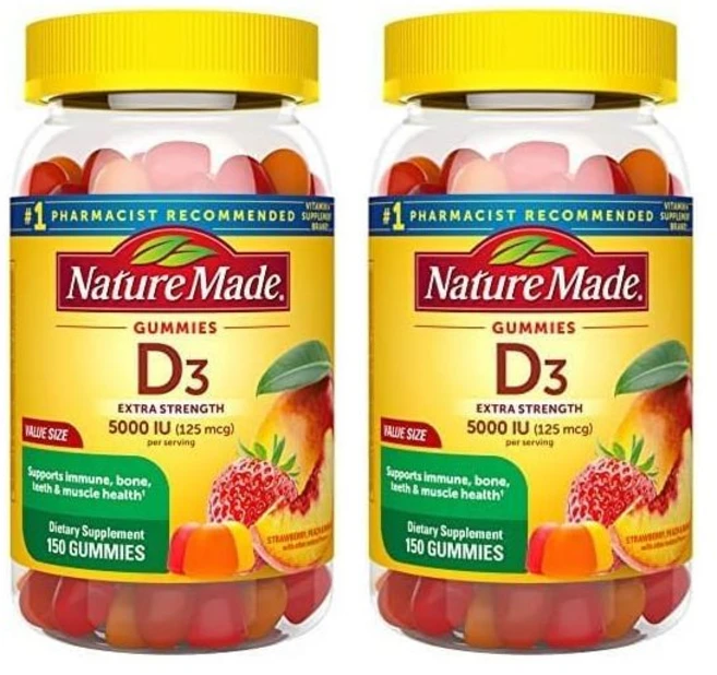 비타민D 네이처 메이드 엑스트라 스트렝스 비타민 D3 1인분당 5000 U (125mcg) 치아 구미 150개 75일 공급(2팩), 2개, 150정 - 쿠팡