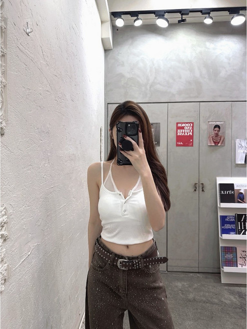 JinG 綁帶網紗拼接短版背心