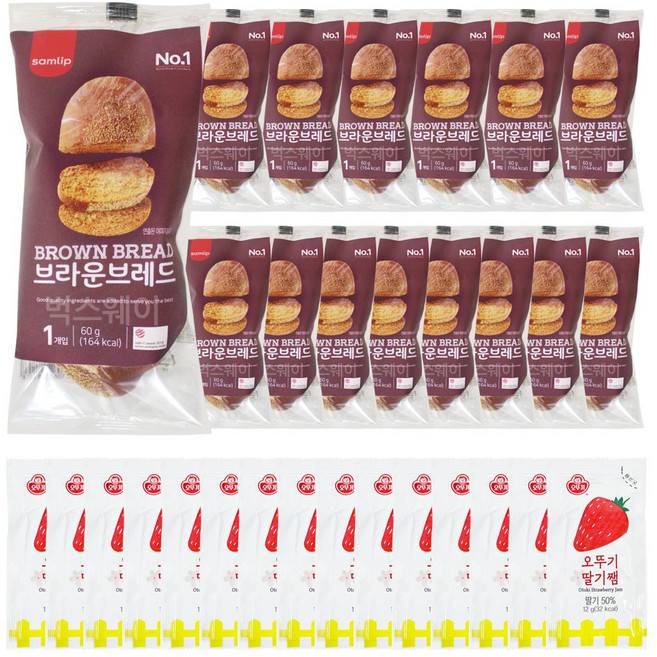 벅스웨이 브라운브레드 15개+일회용 딸기잼 15개, 1세트, 1.08kg