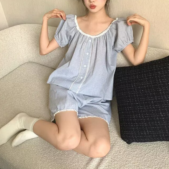 Makone 여성 라운드 네크라인 레이스트리밍 체크 반발 반바지 잠옷 세트 루즈핏 파자마 홈웨어