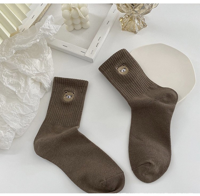 [구구번지]여성용 발목이 가늘어 보이는 골지 중목 곰돌이 양말 5켤레