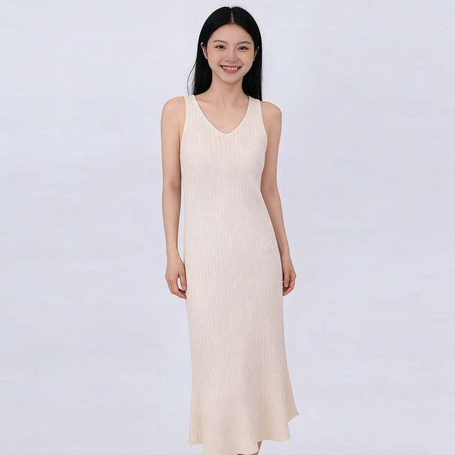 여성 민소매 니트 원피스 여름 브이넥 쿨링 A라인 롱원피스
