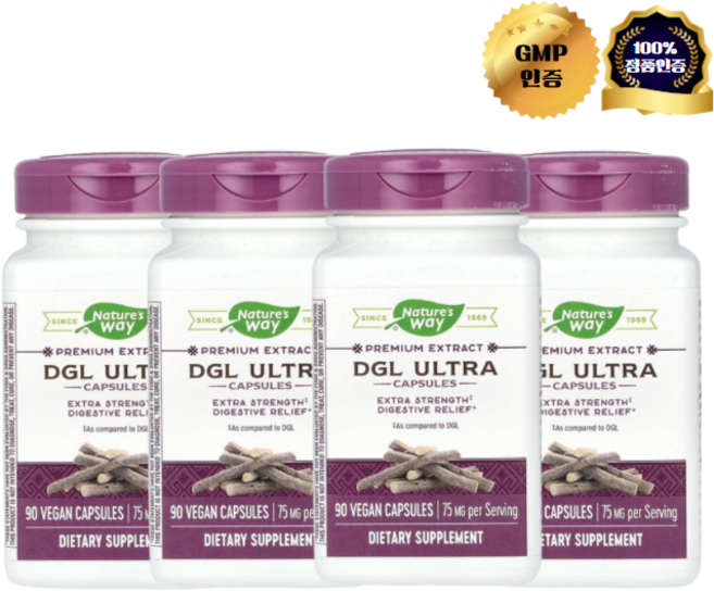 2+2 네이처스 웨이 프리미엄 추출물 DGL 울트라 75mg 베지 캡슐 90정, 4개