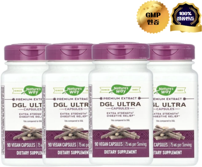 2+2 네이처스 웨이 프리미엄 추출물 DGL 울트라 75mg 베지 캡슐 90정, 4개 - 쿠팡