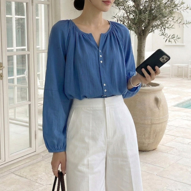 데일리앤 렌느 여리여리 루즈핏 쉬폰 셔링 퍼프 긴팔 여성 블라우스 봄 여름 시스루 셔츠 살안타템