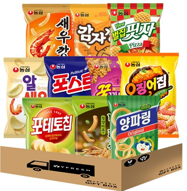 [YFRESH]농심 스낵 봉지 과자 세트(새우깡 감자깡 벌집핏자 알새우칩 포스틱 꿀꽈배기 오징어집 포테토칩 먹태깡 양파링), 1세트, (YFRESH)농심10종스낵 새우깡 감자깡등