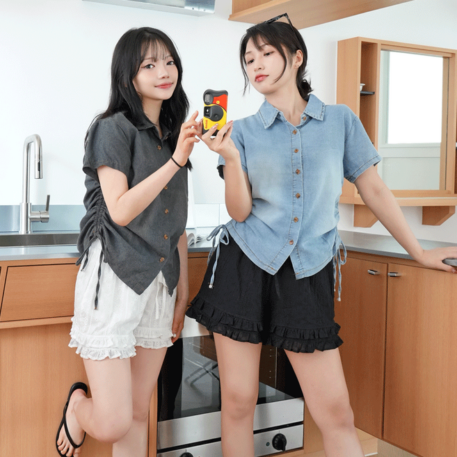 키키코 여름 씬즈셔링데님반팔셔츠