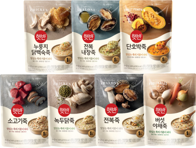 hj마켓 CJ 비비고 죽7종450g(녹두닭죽+김치낙지죽+소고기죽+전복죽+버섯야채죽+단호박죽+새우계란죽) 1세트, 420g