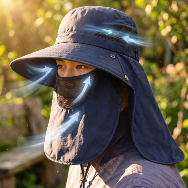미니픽 완벽 햇빛차단 차외선차단 등산 낚시 농사 캠핑 국토대장정 모자 벙거지모자 챙모자 사파리모자 넥가드+마스크, 네이비