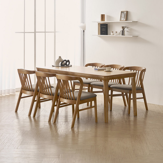 라로퍼니처 허브 1900 고무나무 원목 6인 식탁 세트, 식탁+의자6