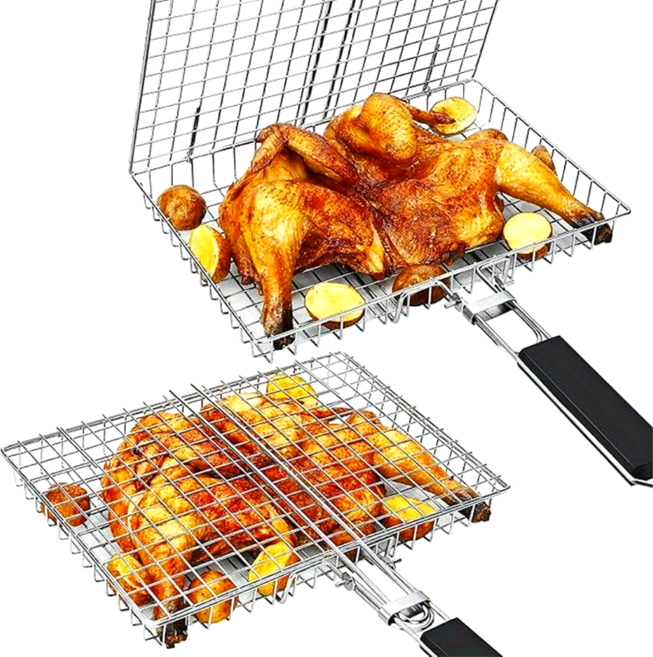 쿠코아 캠핑용 탄소강 그릴 바베큐 생선구이 양면 바스켓, 1개