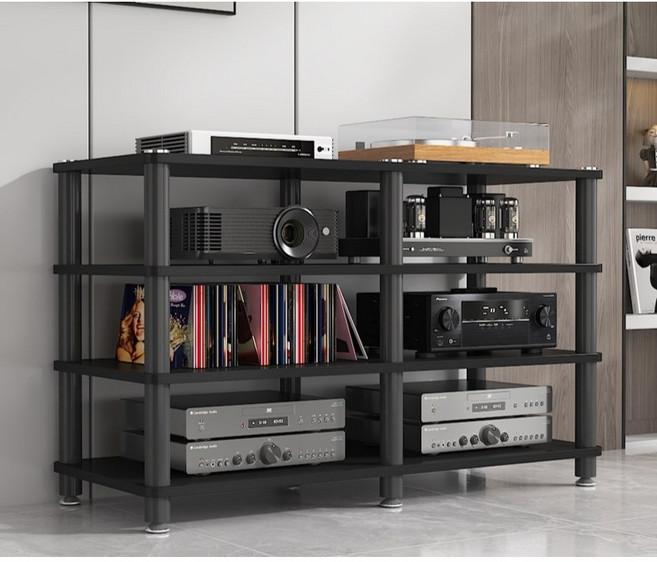 유니픽스 오디오 장식장 앰프랙 앰프케비닛 선반 오디오장 다용도 협탁, 블랙 프레임 + 티크, 3단