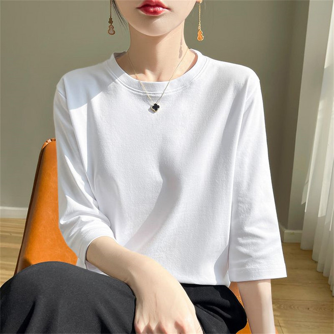 Vezri 여성 봄 여름 가을 간절기 베이직 코튼 라운드넥 7부소매 티셔츠 캐주얼 루즈핏