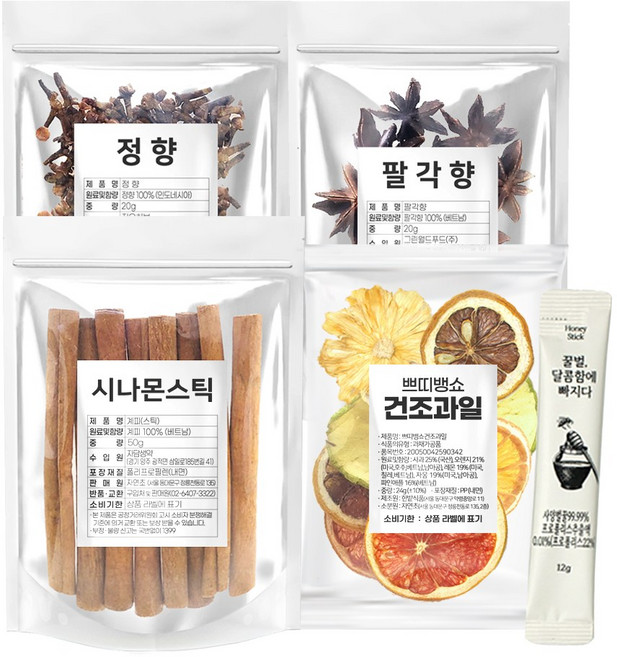 뱅쇼 재료 세트 뱅쇼키트 만들기 건조 과일 벌꿀스틱 시나몬 정향 팔각향, 계피스틱50g+정향20g+팔각20g+과일칩+꿀, 1개