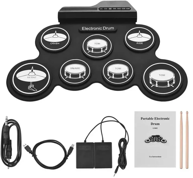 전자드럼 호환 접이식 실리콘 핸드 롤 USB 전자 드럼 휴대용 연습 드럼 패드 키트 드럼스틱 유지 페달 2022 신제품, Black Icon, Black Icon Edition, 1개