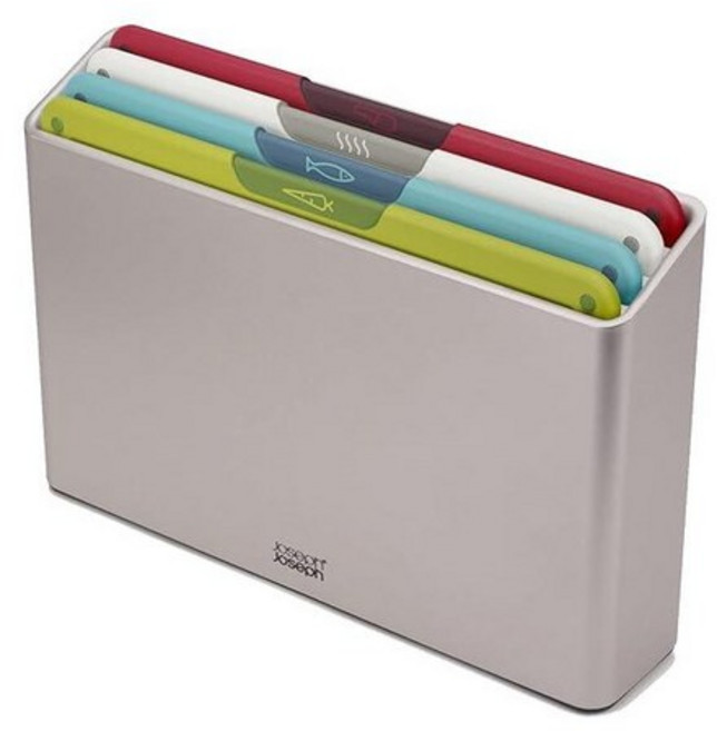 Joseph Joseph Folio Icon 4피스 멀티 컬러 코드 도마 세트 정리된 주방 보관을 위한 슬림라인 케이스 실버, 폴리오 아이콘, 멀티컬러/실버