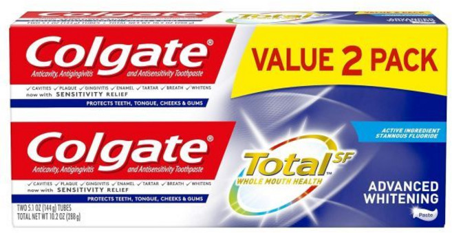 콜게이트 토탈 어드밴스드 화이트닝 치약 민감성 완화 및 충치 보호 기능이 있는 멀티 베네핏 치약 - 5.1온스(2팩) 10.2온스, Advanced Whitening Toothpaste, 5.1 Ounce (Pack of 2)