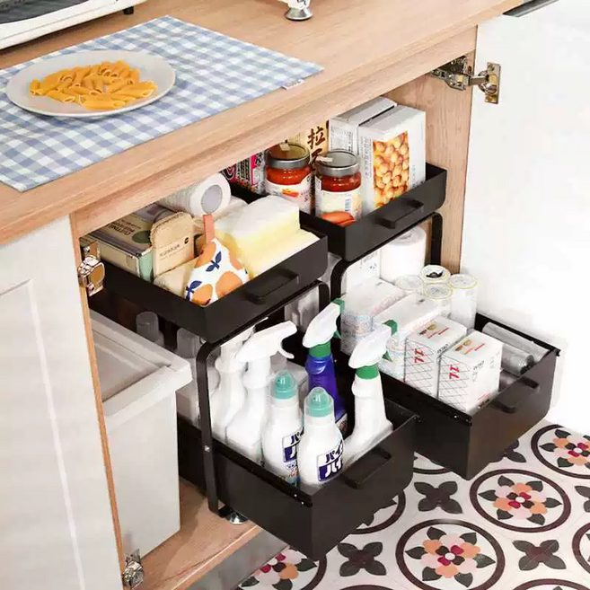 하이퍼랙 2단 무타공 레일선반 주방정리 슬라이딩선반, 블랙, 1개