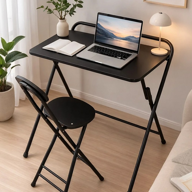 소프트엣지 1인용 접이식 책상의자세트, 블랙+블랙 프레임